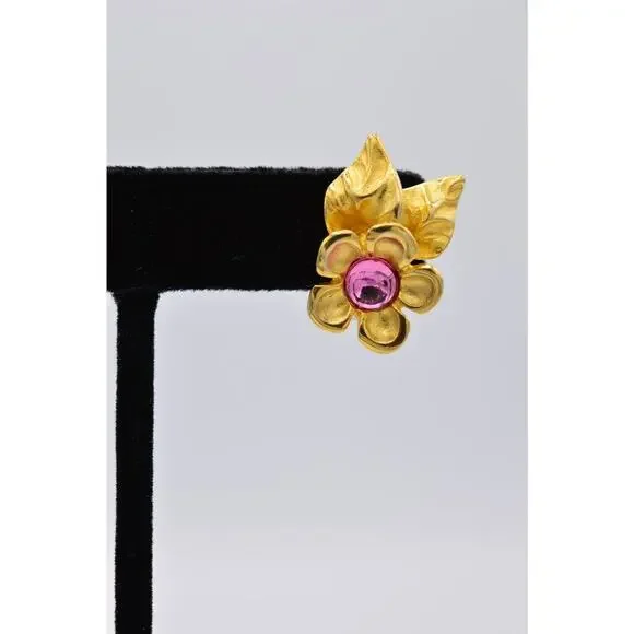 Givenchy Vintage Cabochon Flower Clip On Earrings Pink Brushed Gold Signed BinX